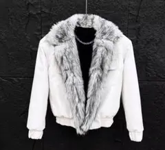 ファー付き レザージャケット ホワイト L デザインブルゾン モード ストリート