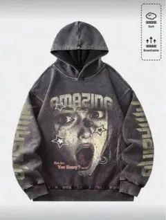 パーカー Y2K ストリート ガールプリント アシッドウォッシュ グレー