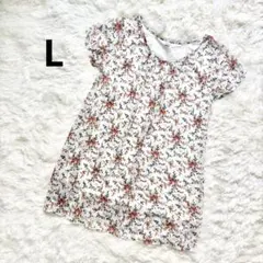 ♥チュニック ブラウス 半袖 花柄 猫柄 シフォン 洗える Lのサムネイル