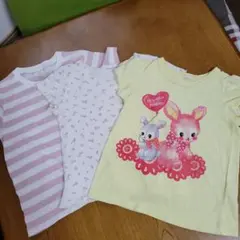 ウサギイラスト付き&ストライプ&花柄Tシャツ 3枚 120cm