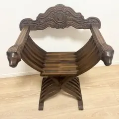 木製 サヴォナローラチェア 折り畳み式 アンティーク調 ライオン装飾 ブラウン