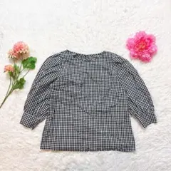 【OFUON】ギンガムチェックブラウス(40)黒白/ボリューム袖 /美品