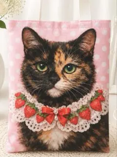 人気 猫バッグ　サビ猫　苺フリル　水玉　丈夫な新品トートバッグ　オリジナルのサムネイル