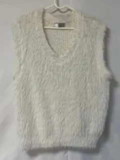 レディース ホワイト Vネック ファーニットベスト M