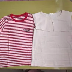 赤白ストライプとベージュチェック半袖Tシャツ2点セット