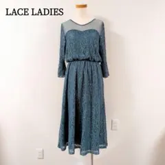 LACE LADIES レース切替ドレスワンピース L ブルー 結婚式 お呼ばれ