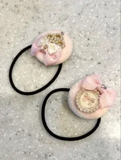 リボンとビーズ装飾　ヘアゴムセット