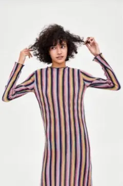 ZARA TRAFALUC マルチストライプ 長袖ニットワンピースのサムネイル