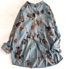 RNA-N リネンコットン花柄シャツブラウス ゆったり 大きめ 麻 綿 ブルーのサムネイル