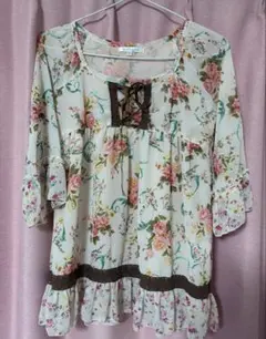 ピンクハウス 薔薇柄ローンシャツチュニック ピコフリルブラウス
