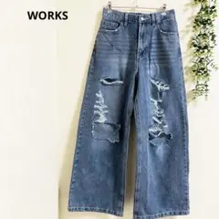ワークス デニムパンツ S ダメージ加工 ワイド 綿混　ゆるダボ　カジュアル✨