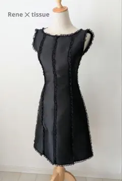 Rene✕tissue シルク混フリル付ブラックノースリーブワンピースサイズ36