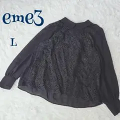 ヴィンテージ】薄手 丸襟 ラウンドカラー レース切り替え ブラウス L きれいめ