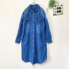 【無印】 デニムシャツワンピ M ミモレ丈 カジュアル 長袖 9分袖