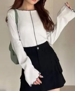 GRL グレイル メロウリブトップス ホワイト 長袖 配色 フリル