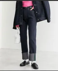 カラーステッチロールアップハイウエストデニムパンツ