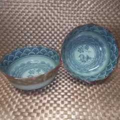 有田焼　華泉作 青い鴛鴦と花　 陶器 小丼2枚セットのサムネイル