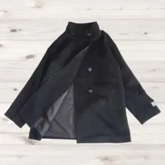 1622【アーヴェヴェ】スタンドカラーコート　L ブラック　ウール　黒