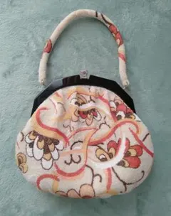 美品 総ビーズバッグ がま口 手刺繍 総柄 花柄 和装 昭和レトロ