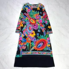 美品✨レオナール ニット 切替 ワンピース トリム 花柄 マルチカラー
