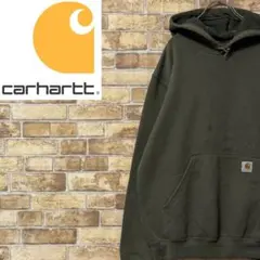 カーハート　パーカー　スウェット　裏起毛　袖プリント　ビッグロゴ　カーキ　S