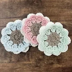 ハンドメイド かぎ針編み フラワーコースター 3枚セット 北欧 春カラー