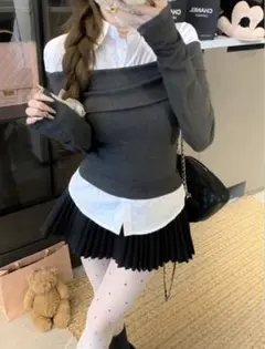 GRL グレイル シャツドッキングオフショルダートップス at2466 グレー
