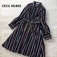 セシルマクビー Aライン シャツワンピース 長袖 ベルト ネイビー ストライプ