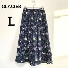 グラシア ロングフレアスカート L ネイビー 花柄 ウエストゴム 上品 2076