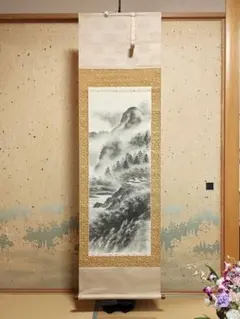 骨董 美術 掛け軸 中国掛け軸 中古品 古美術 山水画。在铭 現状品