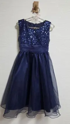 ネイビー　紺色　ドレス　 ウエストリボン付き　発表会　誕生日　120サイズ