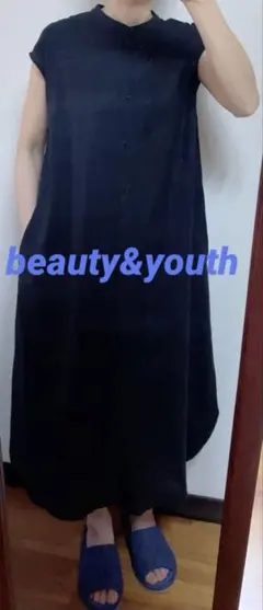 beauty&youth リネンレーヨンバンドカラー ワンピース ブラック