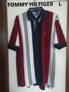 TOMMY HILFIGER　マルチカラー　ストライプ　ポロシャツ　L　刺繍ロゴ