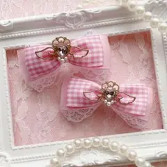 【天使の羽】ピンクギンガムハートリボン♡ヘアクリップ 量産型 地雷系