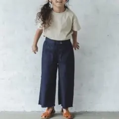 ペアマノン 裾フリンジ ベイカーワイドパンツ デニム インディゴブルー 春夏秋のサムネイル