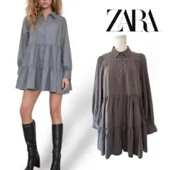 ZARA シャツワンピース 長袖 ティアードシャツワンピース（チャコールグレー）