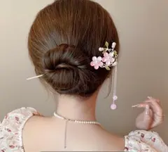 かんざし　花　桃　春　ヘア　着物　式　ピンク　アレンジ　和装　ダンス　揺れる