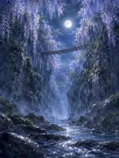 c1410_満月の夜 幻想的な藤の花と渓谷の吊り橋 風景画 アートポスター イン
