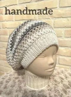 ハンドメイド 3色ストライプ オーバーサイズニット帽子 Beanie