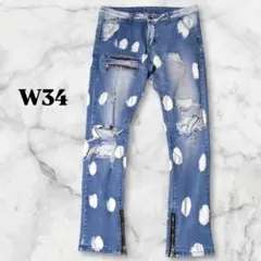 ストレッチデニム/ダメージ加工/ジップ/ペイント風/W34