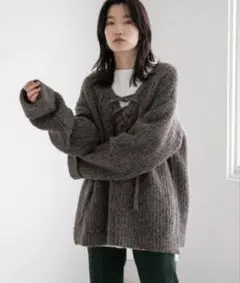 【美品】LOWRYS FARM レースアップ グレー ニット オーバーサイズ