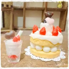 ミニチュア　くまさんチョコの2段ケーキꕤ*.゜ 〜いちごミルクもご一緒に〜