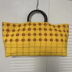 手作りHandmade着物帯リメイク　ハンドル持ち手　横長バッグ　黄色赤色のサムネイル