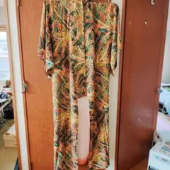 多色葉模様ロング丈着物