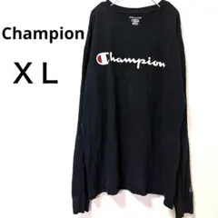 人気XLサイズ✨️チャンピオン ロンT デカロゴ 刺繍 黒 古着 ビッグシルエット