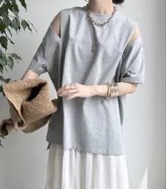 DouDou 肩開き 半袖Tシャツ グレー