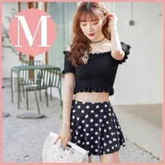 ビキニ 水着 レディース 体型カバー フレアスカート フリル オフショルドット