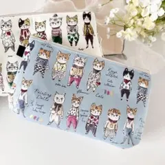 ぷっくりファスナーポーチ　水色猫柄　20センチファスナー