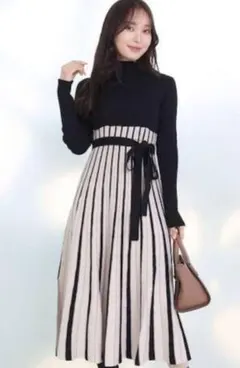 MERCURYDUO 配色チェンジリブロングスリーブニットワンピース