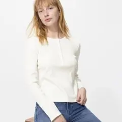 ユニクロ　リブヘンリーネックT/長袖　ホワイト　白　Sサイズ